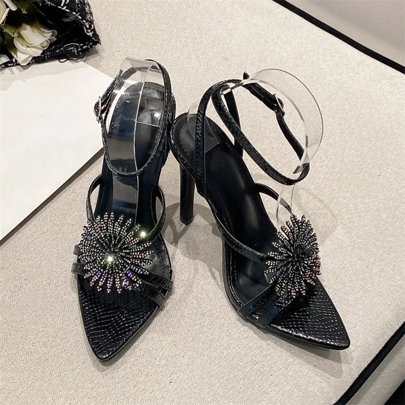 Crystal Flowers Pointed Toe Sandals with Ankle Buckle Strap and Thin High Heels for Prom