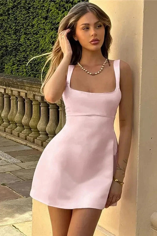 Sleeveless A-Line Bodycon Mini Dress with Square Collar