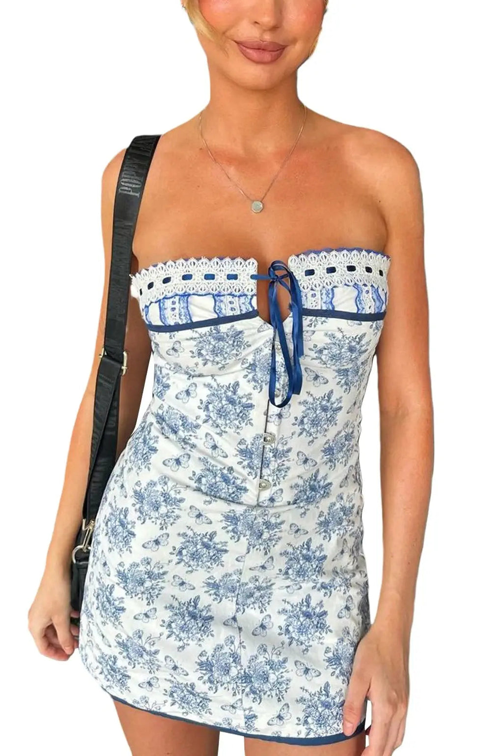 Boho Floral Print Off Shoulder Lace-Up Mini Dress