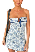 Boho Floral Print Off Shoulder Lace-Up Mini Dress