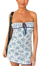 Boho Floral Print Off Shoulder Lace-Up Mini Dress