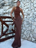 Satin Mock Neck Halter Bodycon Mini Dress Wrap Drape Cutout Maxi Dress