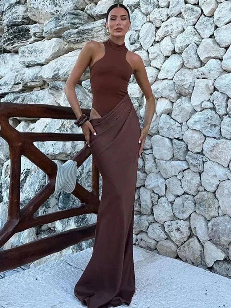 Satin Mock Neck Halter Bodycon Mini Dress Wrap Drape Cutout Maxi Dress