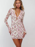 Floral Bow Print Lettuce Edge V-Neck Tie Front Long Sleeve Mini Dress