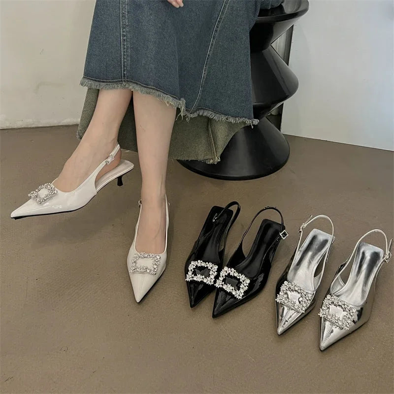 Crystal Women Pumps with Pointed Toe and Thin Low Heel