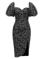 Eira Jacquard Fabric Midi Dress with Puff Sleeves