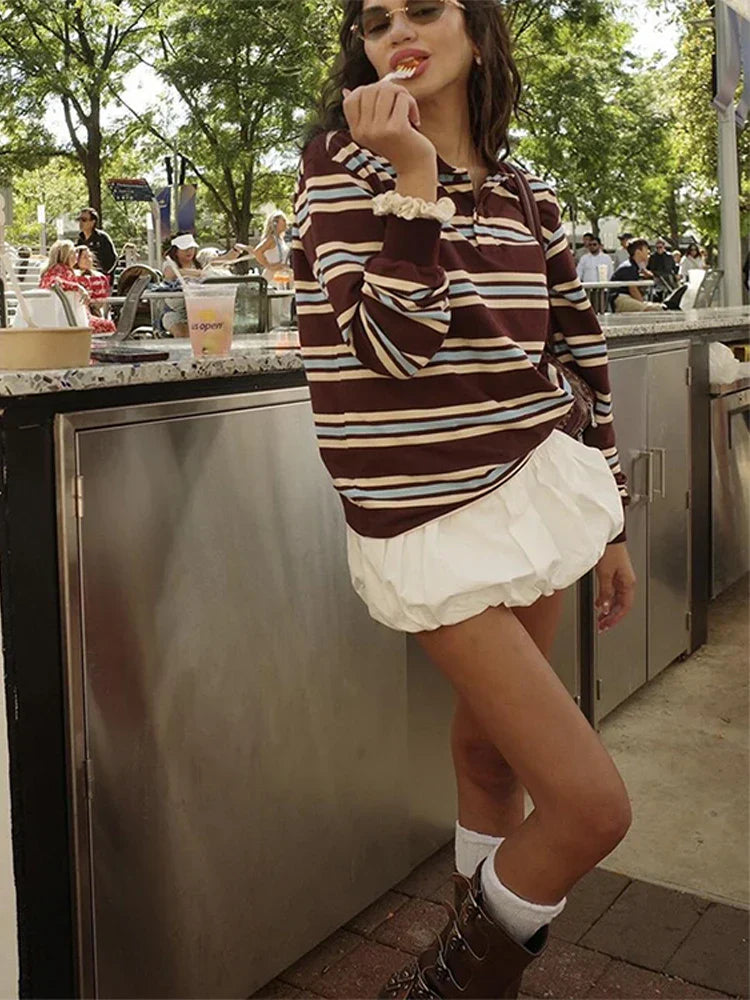 Vintage Stripe Basic Women's T-shirt Casual Long Sleeve Female All Match Polo Shirt Spring New Ladies Loose Tops High Street