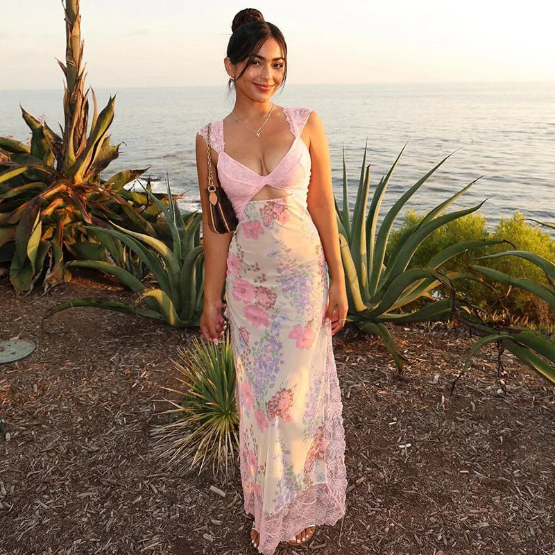 Floral Lace Sweetheart Neck Cut Out Camisole Strap Mesh Scalloped Hem Maxi Dress