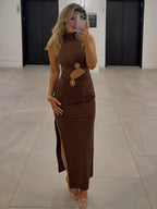 Mock Neck Diamond Waist Cutout Ring Hardware Ruched Bodycon Maxi Dress