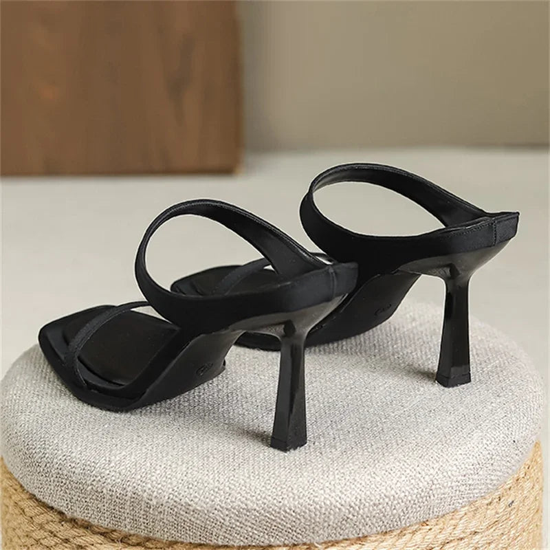 Hollow Out Narrow Band Women Slipper with Square Toe and Thin Heels