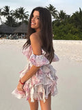 Floral Print Off Shoulder Tiered Ruffle Flounce Chiffon Mini Dress