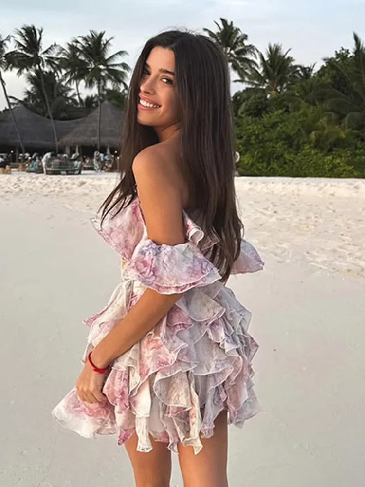 Floral Print Off Shoulder Tiered Ruffle Flounce Chiffon Mini Dress