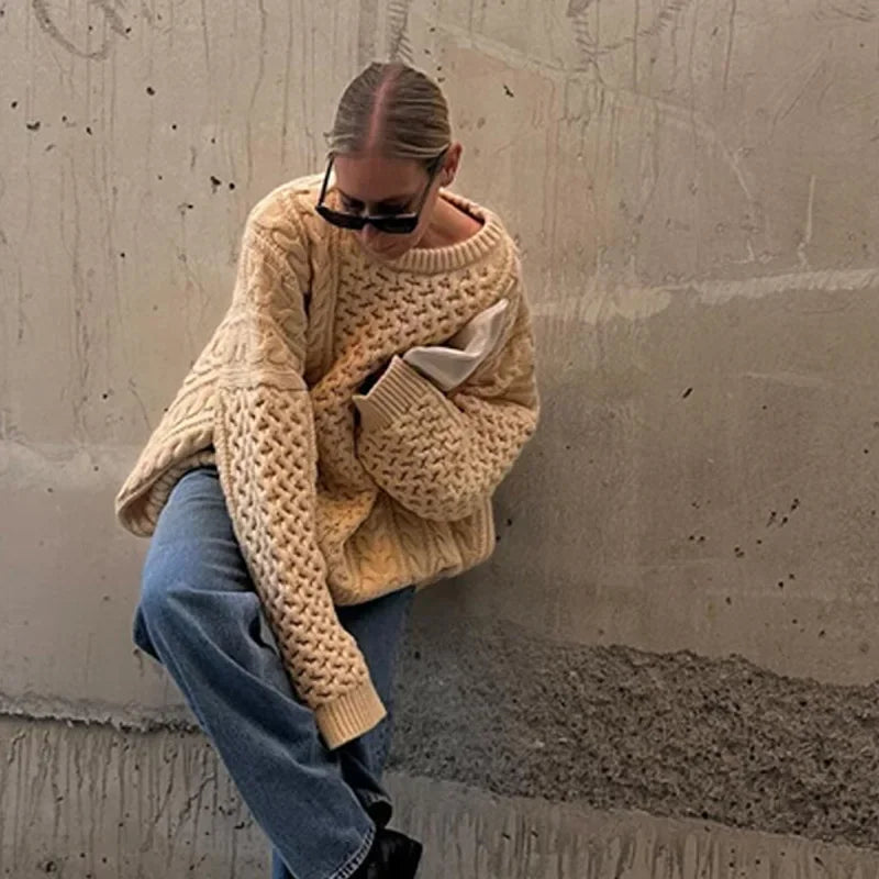 Oversized Knit Twist Pullovers Women Loose Lazy O-Neck Long Sleeve Solid Sweaters Female Autumn New Casual Street Knitwear
