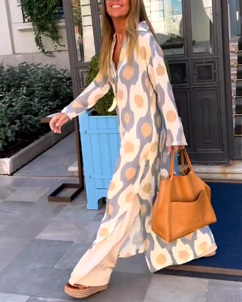 Geometric Print Split Maxi Casual Dress