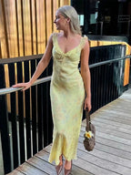 Ruffle Trim Tie Neck Spaghetti Strap Floral Print Bodycon Maxi Dress
