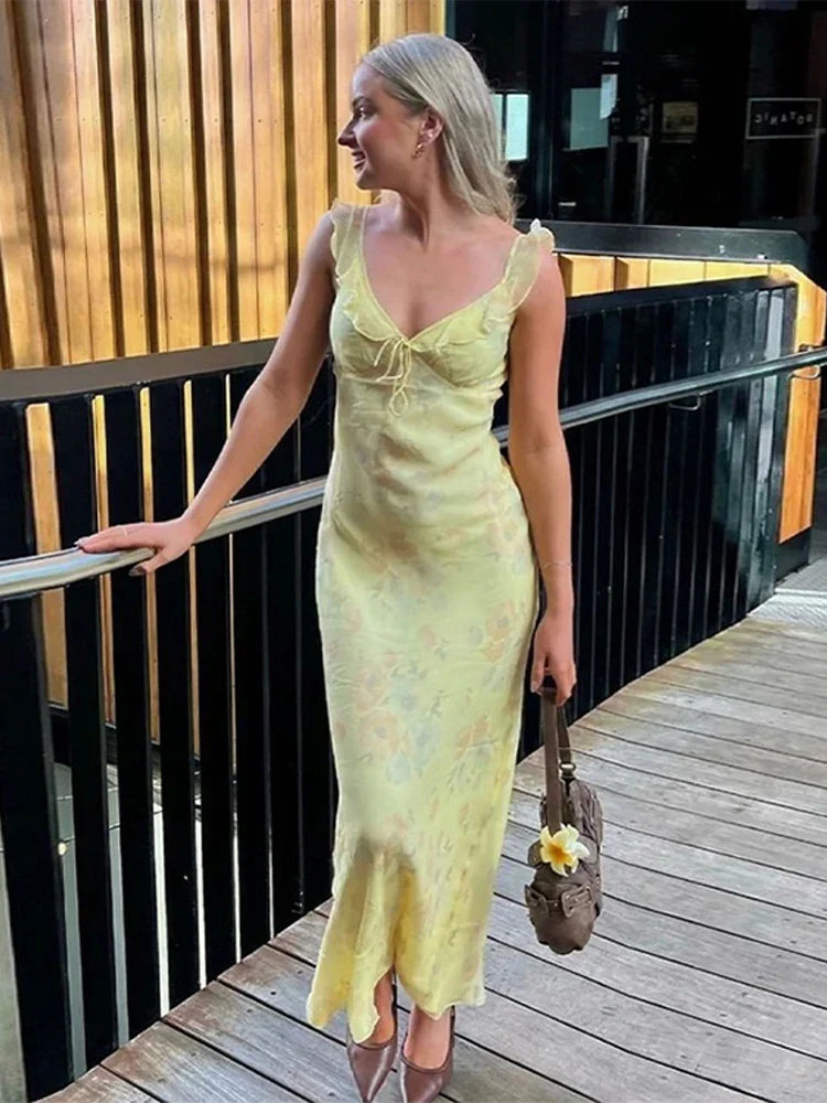 Ruffle Trim Tie Neck Spaghetti Strap Floral Print Bodycon Maxi Dress