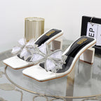 Autumn women's bow gauze elegant fashion slippers with square heel