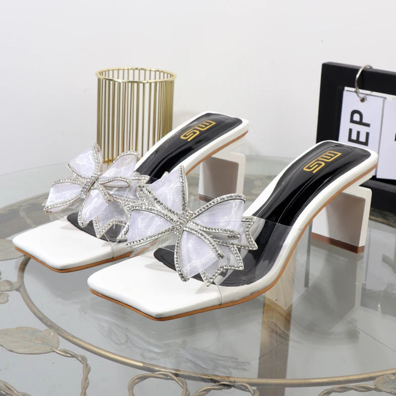 Autumn women's bow gauze elegant fashion slippers with square heel