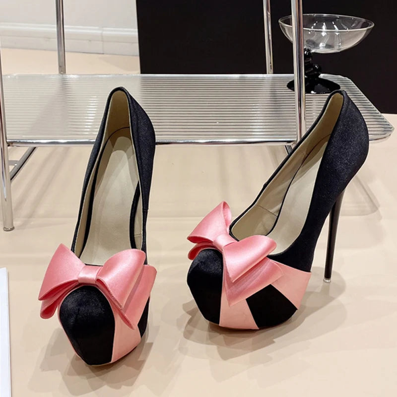 Bowknot Round Toe Platform Pumps for Women Wedding Banquet Shoes