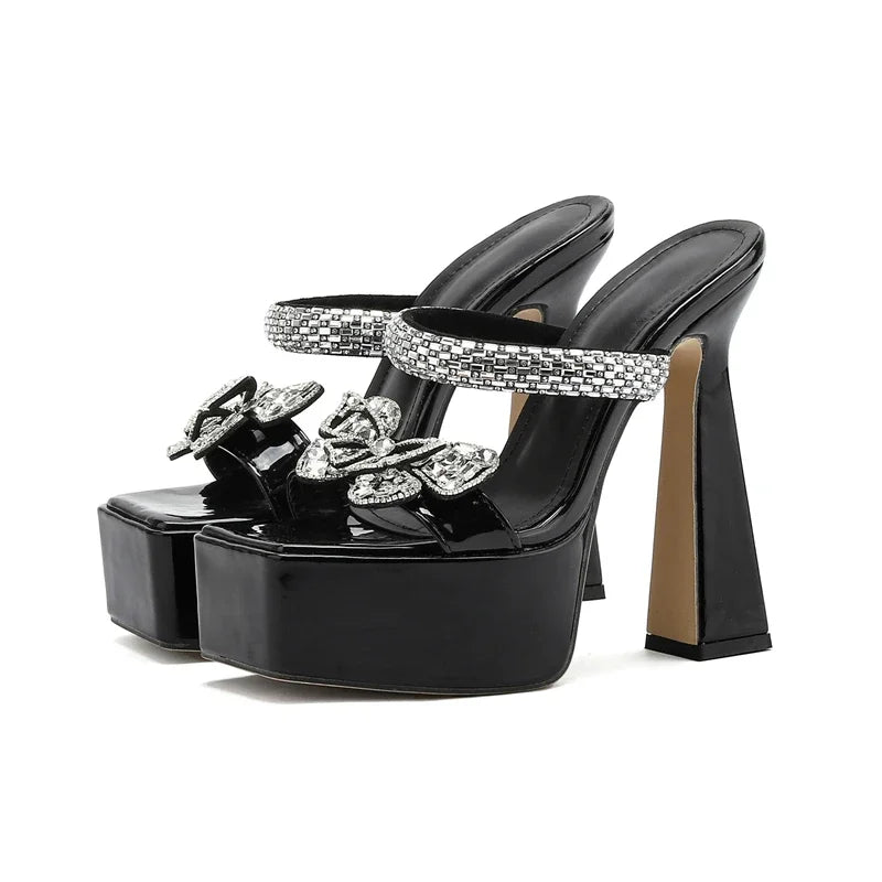 Butterfly-knot Square Toe Women Slippers with Ultra High Heels for Summer Fashion
