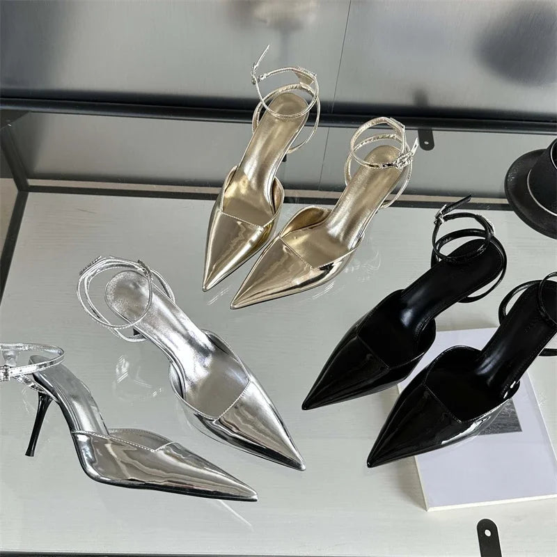 Gold Silver Ankle Buckle Strap Women Pumps with Sexy Pointed Toe and Thin High Heels