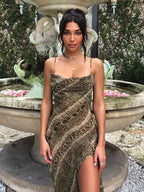 Snake Print Cowl Neck Spaghetti Strap High Slit Bodycon Midi Dress