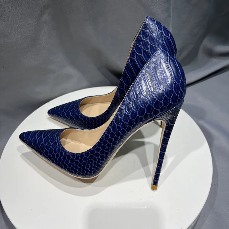 Navy Blue Croc-Effect Pointed Toe High Heel Shoes for Women