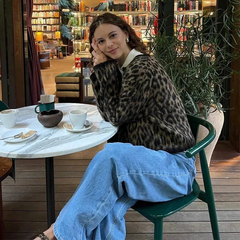 Vintage Leopard Print Knitted Mohair Cardigans Women O Neck Single Breasted Short Sweater Autumn New Lady Casual Streetwear