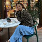 Vintage Leopard Print Knitted Mohair Cardigans Women O Neck Single Breasted Short Sweater Autumn New Lady Casual Streetwear