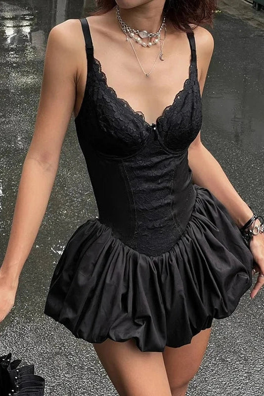 V-Neck Lace Patchwork Sleeveless Mini Dress with High Waist Slim Fit