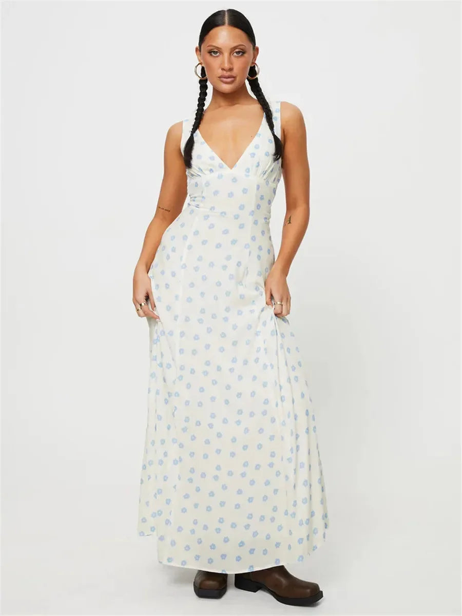 V-Neck Lace Trim Tomato Print Sleeveless Bodycon Midi Dress