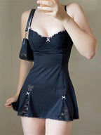 Lace Bustier Scalloped Trim Heart Applique Bow Accent A-Line Mini Dress