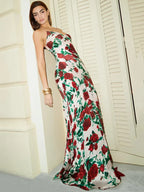 Floral Print Satin Spaghetti Strap Deep V-Neck Scarf Tie Slip Maxi Dress