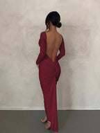 Long Sleeve Plunging Open Back Ruched Bodycon Maxi Dress