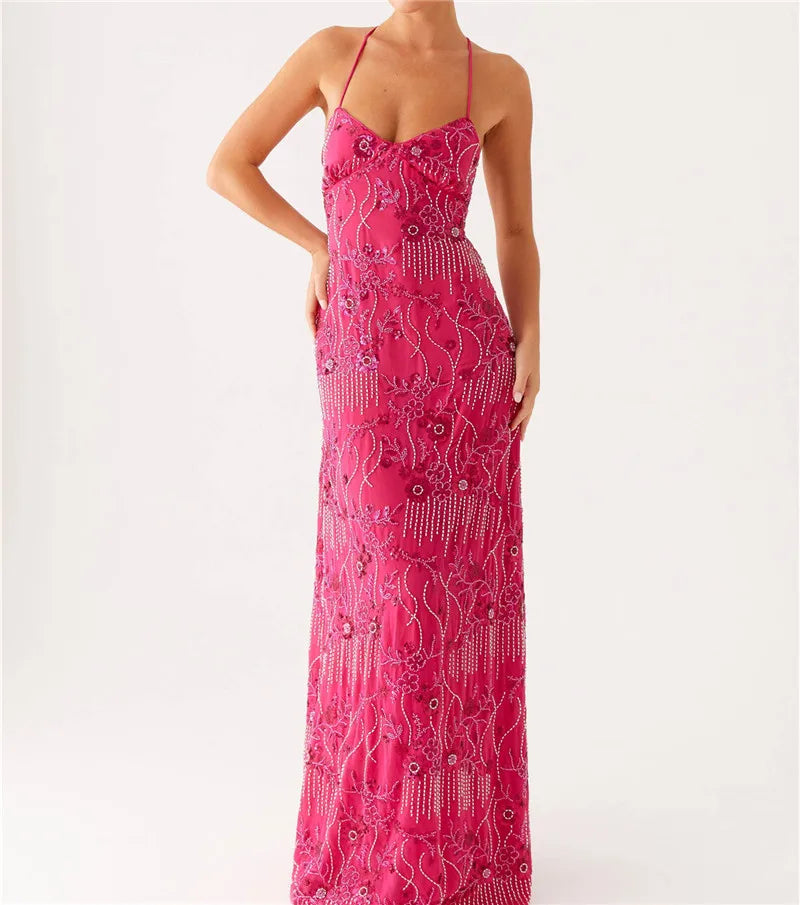 V-Neck Spaghetti Strap Floral Embroidered Beaded Fringe Mesh Mini Dress