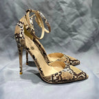 Beige Brown Snakeskin Pointy Toe Ankle Strap High Heel Shoes for Women