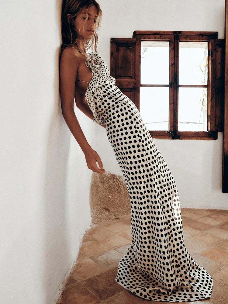 Polka Dot Floral Rosette Ruffle Trim Spaghetti Strap Slip Maxi Dress