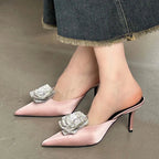 CRYSTAL Flower Silk Pointed Toe Slippers for Women