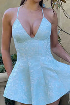 A-Line Deep V-Neck Sleeveless Mini Dress with Spaghetti Straps and Backless Design