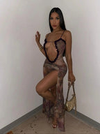 Abstract Print Front Cutout Ruffle Trim High Slit Spaghetti Strap Maxi Dress