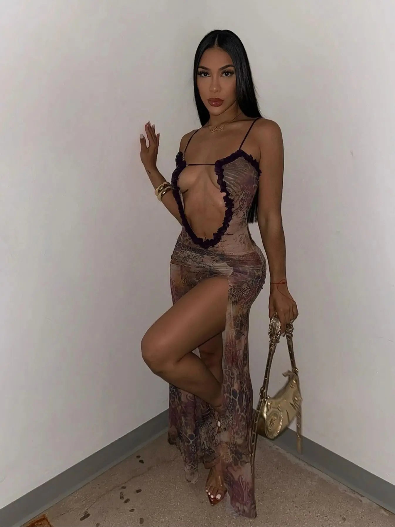 Abstract Print Front Cutout Ruffle Trim High Slit Spaghetti Strap Maxi Dress