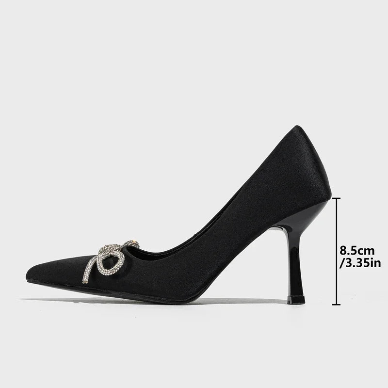 Crystal Bowknot Pointed Toe Women Pumps - Thin High Heels for Spring and Autumn