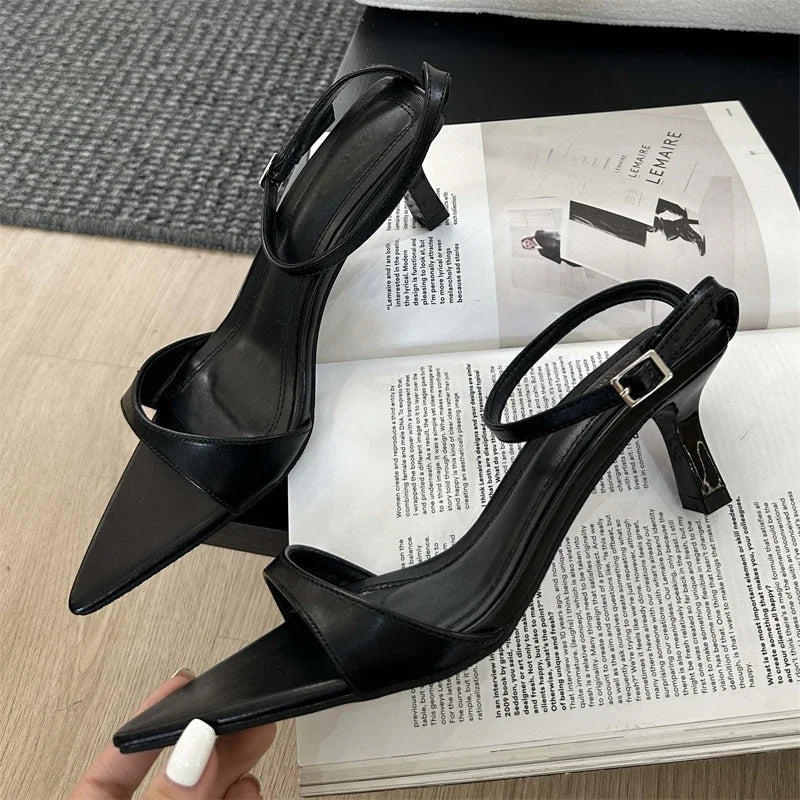 Women's Thin Low Heel Buckle Strap Slingback Pointed Toe Party Sandals