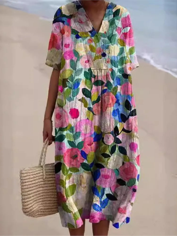 Ramona Statement Floral Print Cotton and Linen Dress Boutique Collection