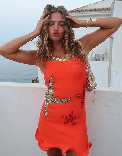 Starfish Applique Scoop Neck Lettuce Hem Mini Dress