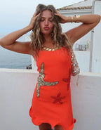 Starfish Applique Scoop Neck Lettuce Hem Mini Dress