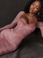 Sheer Sleeve Sweetheart Lace-Trim Architectural Print Bodycon Midi Dress