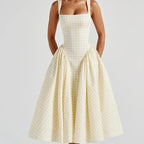 Gingham Square Neck Basque Waist Gathered Midi Dress