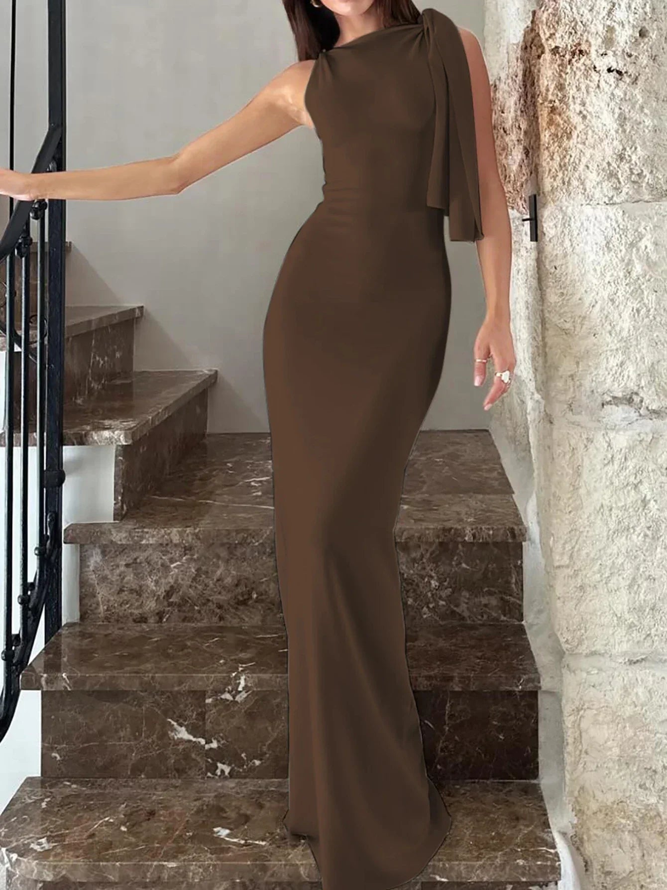 High Neck Sleeveless Draped Shoulder Sash Column Maxi Dress