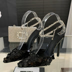Sequined Women Pumps with Crystal Ankle Buckle Strap and Thin High Heels